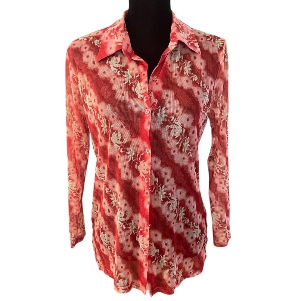 Sheer Floral Mesh Button Down Top Red Large stretch 90’s rave festival grunge
